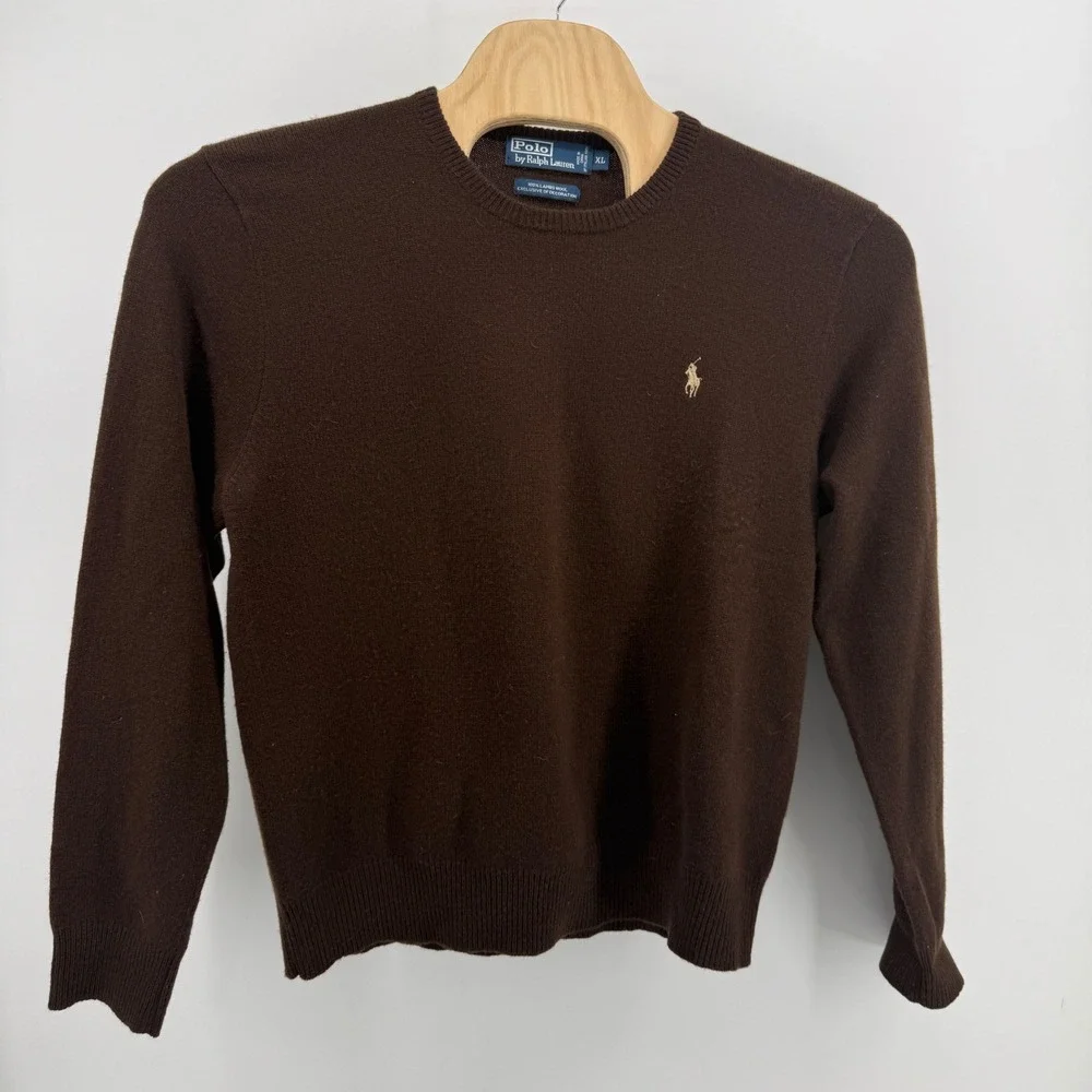 Polo Ralph Lauren Mens XL Brown 100% Lambswool Crewneck Sweater Pony Logo 1857
